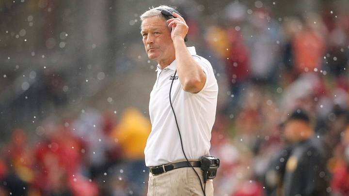 Iowa head football coach Kirk Ferentz observes action on the sideline as rain falls around him in the first quarter against Iowa State on Saturday, Sept. 14, 2019, at Jack Trice Stadium in Ames.

20190914 Cyhawkfootball