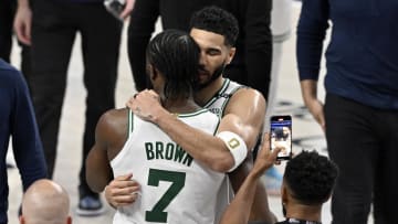 Jun 12, 2024; Dallas, Texas, USA; Boston Celtics forward Jayson Tatum (0) celebrates with guard Jaylen Brown (7) after defeating the Dallas Mavericks in game three of the 2024 NBA Finals at American Airlines Center. Mandatory Credit: Jerome Miron-USA TODAY Sports