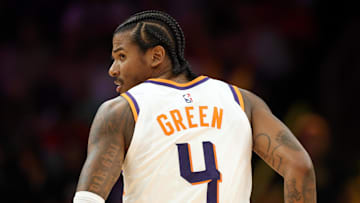 Nov 6, 2025; Phoenix, Arizona, USA; Detailed view of the jersey of Phoenix Suns guard Jalen Green (4) against the Los Angeles Clippers at the Mortgage Matchup Center. Mandatory Credit: Mark J. Rebilas-Imagn Images