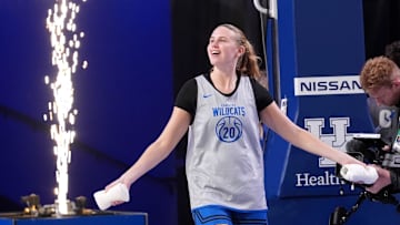 Kentucky’s Kaelyn Carroll comes out onto the court as the Blue and White team scrimmaged each other in Memorial Coliseum Friday night.
Oct. 17, 2025