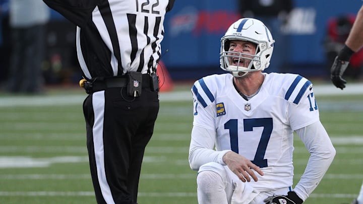 Colts quarterback Philip Rivers pleads his case to an official. Colts quarterback Philip Rivers pleads his case to an official.