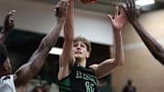 Jan 3, 2025; Gilbert, AZ, USA; Arizona Compass Prep guard Davis Fogle (11) against CIA Bella Vista (AZ) during the Hoophall West High School Invitational at Highland High School. Mandatory Credit: Mark J. Rebilas-Imagn Images
