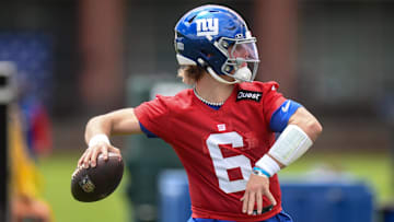 May 10, 2025; East Rutherford, NJ, USA; New York Giants quarterback Jaxson Dart (6) throws a pass during rookie minicamp at Quest Diagnostics Training Center. Mandatory Credit: John Jones-Imagn Images