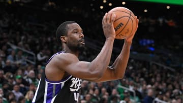 Apr 5, 2024; Boston, Massachusetts, USA; Sacramento Kings forward Harrison Barnes (40) shoots the ball against the Boston Celtics during the second half at TD Garden. Mandatory Credit: Eric Canha-USA TODAY Sports