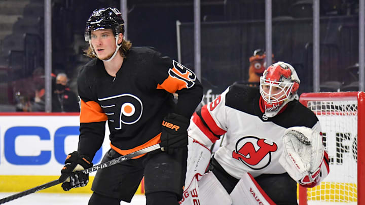 May 1, 2021; Philadelphia, Pennsylvania, USA; Philadelphia Flyers center Nolan Patrick (19) in front of New Jersey Devils goaltender Mackenzie Blackwood (29) at Wells Fargo Center.