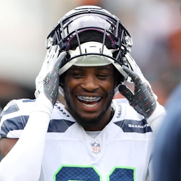 Oct 15, 2023; Cincinnati, Ohio, USA;  Seattle Seahawks cornerback Devon Witherspoon (21) before the game against the Cincinnati Bengals at Paycor Stadium.