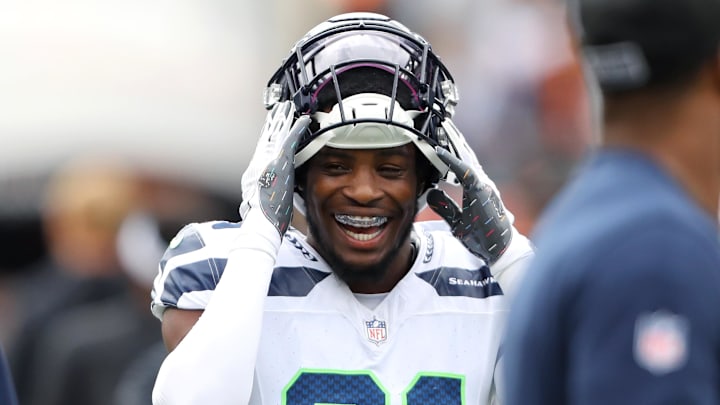 Oct 15, 2023; Cincinnati, Ohio, USA;  Seattle Seahawks cornerback Devon Witherspoon (21) before the game against the Cincinnati Bengals at Paycor Stadium.