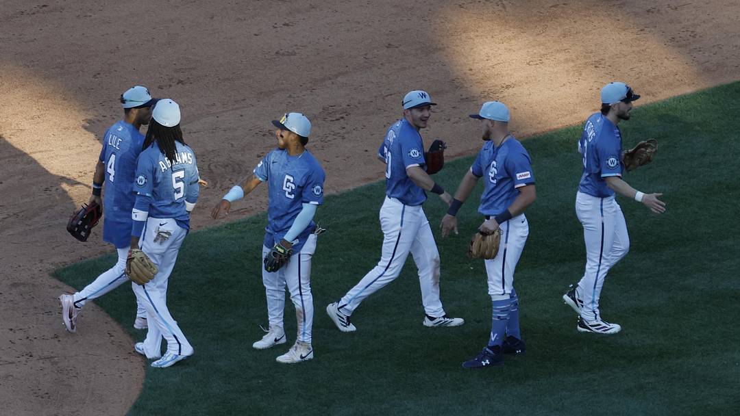 May 30, 2026; Washington, District of Columbia, USA; Washington Nationals players celebrate after their game against the San Diego Padres at Nationals Park. Mandatory Credit: Geoff Burke-Imagn Images