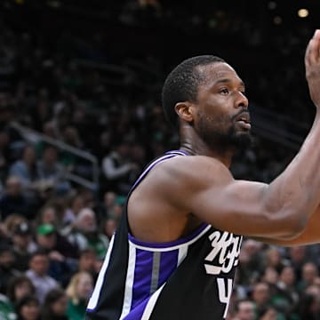 Apr 5, 2024; Boston, Massachusetts, USA; Sacramento Kings forward Harrison Barnes (40) shoots the ball against the Boston Celtics during the second half at TD Garden.