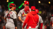 Apr 25, 2023; San Francisco, California, USA;  St. Louis Cardinals manager Oliver Marmol (37) removes starting pitcher Jake Woodford (44) from the game during the sixth inning at Oracle Park. Mandatory Credit: Ed Szczepanski-USA TODAY Sports