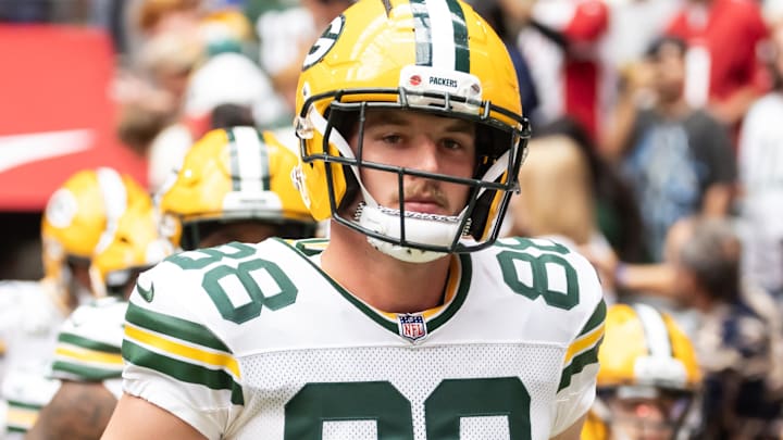 Oct 19, 2025; Glendale, Arizona, USA; Green Bay Packers tight end Luke Musgrave (88) against the Arizona Cardinals at State Farm Stadium. Oct 19, 2025; Glendale, Arizona, USA; Green Bay Packers tight end Luke Musgrave (88) against the Arizona Cardinals at State Farm Stadium.