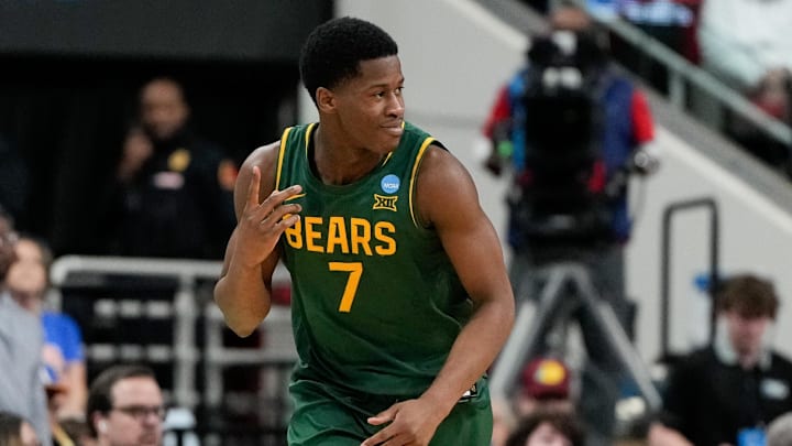 Mar 21, 2025; Raleigh, NC, USA; Baylor Bears guard VJ Edgecombe (7) celebrates during the second half against the Mississippi State Bulldogs in the first round of the NCAA Tournament at Lenovo Center. Mandatory Credit: Bob Donnan-Imagn Images