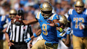Oct 4, 2025; Pasadena, California, USA;  UCLA Bruins quarterback Nico Iamaleava (9) runs with the ball during the third quarter against the Penn State Nittany Lions at Rose Bowl. Mandatory Credit: Kiyoshi Mio-Imagn Images