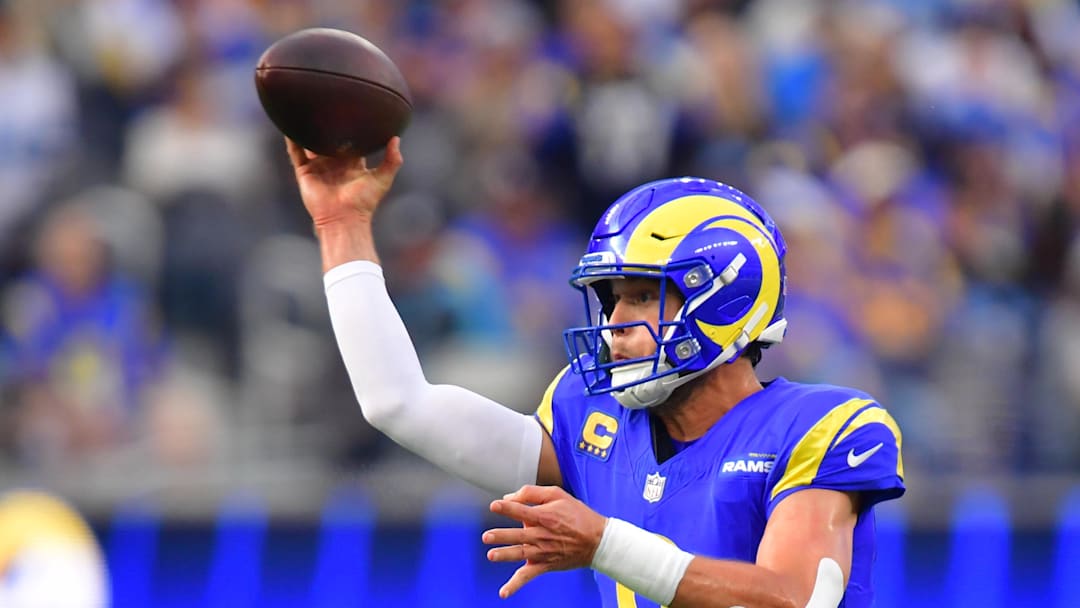Dec 14, 2025; Inglewood, California, USA; Los Angeles Rams quarterback Matthew Stafford (9) throws a pass during the first quarter against the Detroit Lions at SoFi Stadium. Mandatory Credit: Gary A. Vasquez-Imagn Images