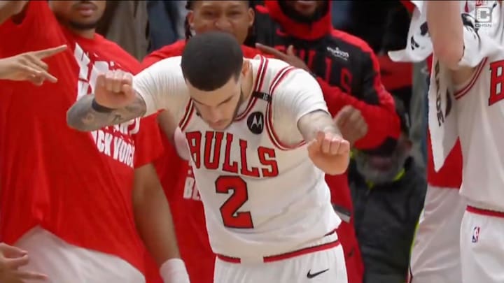 Chicago Bulls guard Lonzo Ball celebrates after hitting a corner three on Feb. 28, 2025.