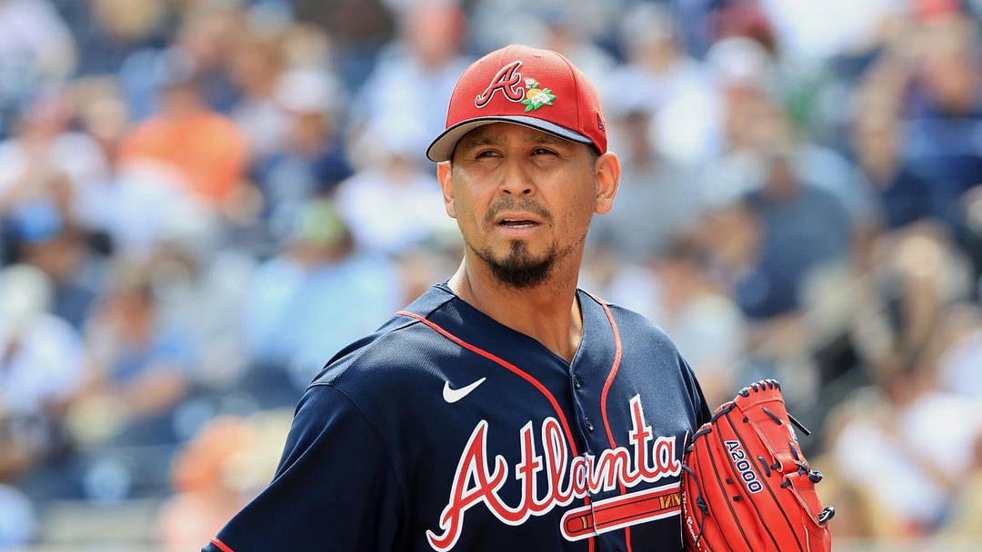 Feb 26, 2026; Tampa, Florida, USA; Atlanta Braves starting pitcher Carlos Carrasco (59) walks to the dugout after a pitching change in the first inning against the New York Yankees at George M. Steinbrenner Field. Mandatory Credit: Kim Klement Neitzel-Imagn Images