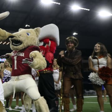 Jul 18, 2017; Frisco, TX, USA; Oklahoma Sooners and Texas Longhorns mascots participate in a dance off during the Big 12 media days at the Frisco Star Ford Center. Mandatory Credit: Kevin Jairaj-USA TODAY Sports