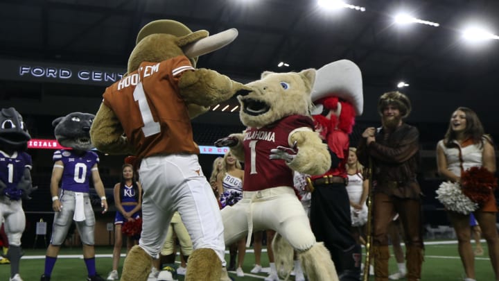 Jul 18, 2017; Frisco, TX, USA; Oklahoma Sooners and Texas Longhorns mascots participate in a dance off during the Big 12 media days at the Frisco Star Ford Center. Mandatory Credit: Kevin Jairaj-USA TODAY Sports