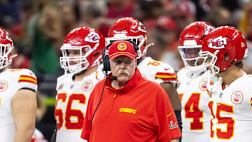 Feb 9, 2025; New Orleans, LA, USA;  Kansas City Chiefs head coach Andy Reid against the Philadelphia Eagles in Super Bowl LIX at Ceasars Superdome. Mandatory Credit: Mark J. Rebilas-Imagn Images