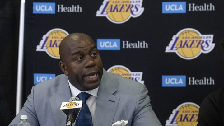 June 23, 2017; Los Angeles, CA, USA;  Los Angeles Lakers president of basketball operations Magic Johnson speaks to media before introducing newly drafted player Lonzo Ball at Toyota Sports Center. Mandatory Credit: Gary A. Vasquez-USA TODAY Sports