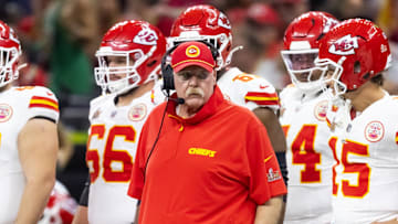 Feb 9, 2025; New Orleans, LA, USA;  Kansas City Chiefs head coach Andy Reid against the Philadelphia Eagles in Super Bowl LIX at Ceasars Superdome. Mandatory Credit: Mark J. Rebilas-Imagn Images