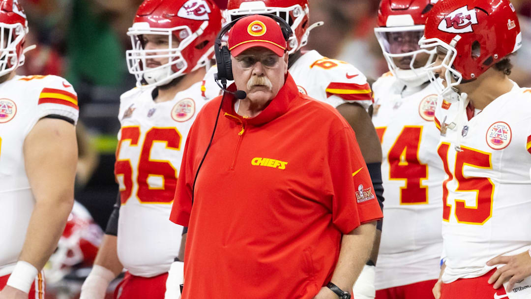 Feb 9, 2025; New Orleans, LA, USA;  Kansas City Chiefs head coach Andy Reid against the Philadelphia Eagles in Super Bowl LIX at Ceasars Superdome. Mandatory Credit: Mark J. Rebilas-Imagn Images