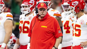 Feb 9, 2025; New Orleans, LA, USA;  Kansas City Chiefs head coach Andy Reid against the Philadelphia Eagles in Super Bowl LIX at Ceasars Superdome. Mandatory Credit: Mark J. Rebilas-Imagn Images