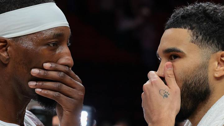 Apr 1, 2026; Miami, Florida, USA; Miami Heat center Bam Adebayo (13) and Boston Celtics forward Jayson Tatum (0) speak after the game at Kaseya Center. Mandatory Credit: Sam Navarro-Imagn Images