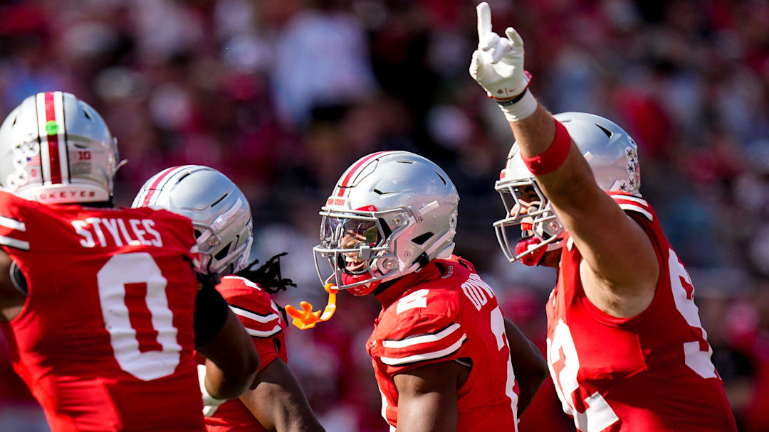 Ohio State Buckeyes safety Caleb Downs (2) celebrates with teammates after intercepting a pass in the first half of the NCAA football game at the Ohio Stadium on Saturday, Sept. 6, 2025 in Columbus, Ohio.