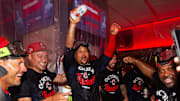 Sep 27, 2025; Cleveland, Ohio, USA; Cleveland Guardians third baseman Jose Ramirez (11) celebrates after the Guardians beat the Texas Rangers and clinched a playoff berth at Progressive Field. Mandatory Credit: Ken Blaze-Imagn Images