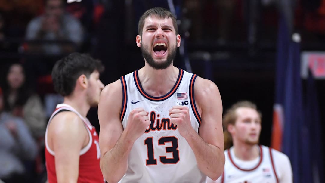 Dec 13, 2025; Champaign, Illinois, USA; Illinois Fighting Illini center Tomislav Ivisic (13) reacts after scoring during the second half against the Nebraska Cornhuskers at State Farm Center. Mandatory Credit: Ron Johnson-Imagn Images Dec 13, 2025; Champaign, Illinois, USA; Illinois Fighting Illini center Tomislav Ivisic (13) reacts after scoring during the second half against the Nebraska Cornhuskers at State Farm Center. Mandatory Credit: Ron Johnson-Imagn Images