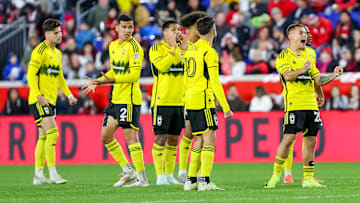 Nov 3, 2024; Harrison, New Jersey, USA; Columbus Crew reacts after a converted penalty kick against the New York Red Bulls in penalty kicks during a 2024 MLS Cup Playoffs Round One match at Red Bull Arena. Mandatory Credit: Tom Horak-Imagn Images