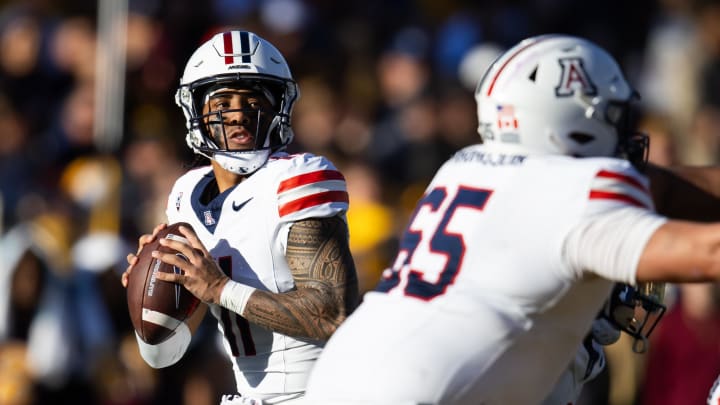 Nov 25, 2023; Tempe, Arizona, USA; Arizona Wildcats quarterback Noah Fifita (11) against the Arizona State Sun Devils in the first half of the Territorial Cup at Mountain America Stadium.