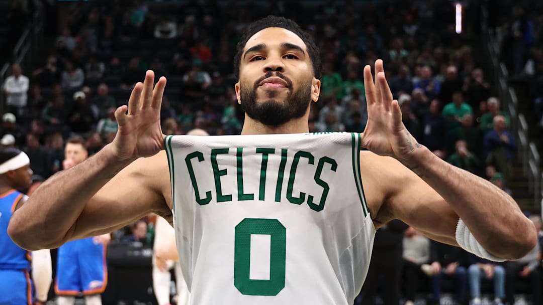 Mar 25, 2026; Boston, Massachusetts, USA; Boston Celtics forward Jayson Tatum (0) shows off his jersey before their game against the Oklahoma City Thunder at TD Garden. Mandatory Credit: Winslow Townson-Imagn Images