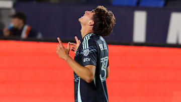 Aug 10, 2025; Carson, California, USA;  Seattle Sounders FC midfielder Snyder Brunell (37) celebrates after scoring a goal during the second half against the LA Galaxy at Dignity Health Sports Park. Mandatory Credit: Kiyoshi Mio-Imagn Images