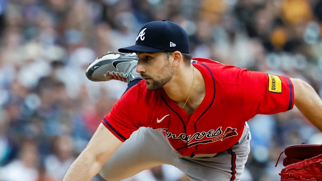 Sep 21, 2025; Detroit, Michigan, USA;  Atlanta Braves pitcher Spencer Strider (99) pitches in the third inning against the Detroit Tigers at Comerica Park. Mandatory Credit: Rick Osentoski-Imagn Images