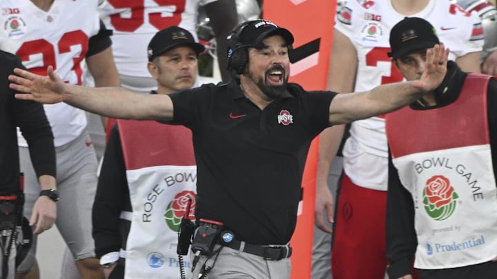 Ohio State Buckeyes head coach Ryan Day signals to his kick return team during the third quarter against the Oregon Ducks