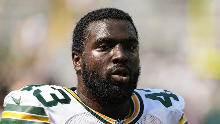 Aug 24, 2024; Green Bay, Wisconsin, USA; Green Bay Packers tight end Messiah Swinson (43) following the game against the Baltimore Ravens at Lambeau Field. 