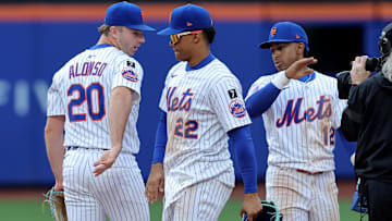 Apr 4, 2025; New York City, New York, USA; New York Mets right fielder Juan Soto (22) celebrates with first baseman Pete Alonso (20) and shortstop Francisco Lindor (12) after defeating the Toronto Blue Jays at Citi Field. Mandatory Credit: Brad Penner-Imagn Images