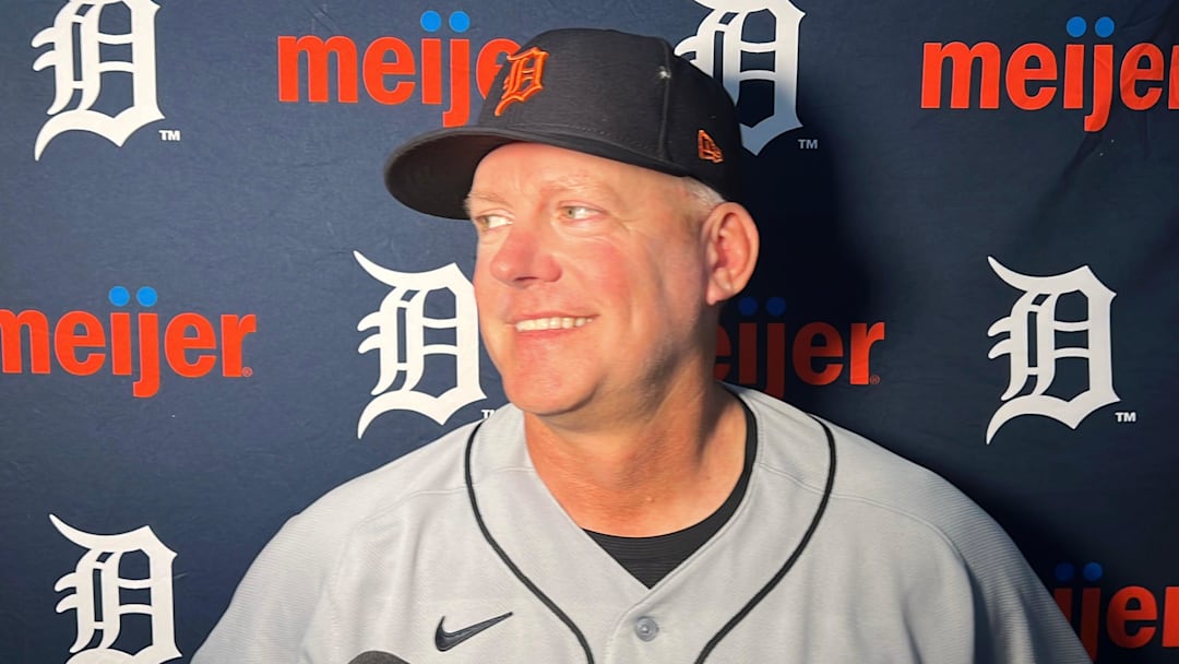 Detroit Tigers manager A.J. Hinch talks to reporters after Opening Day on March 26, 2026, at Petco Park in San Diego, California.