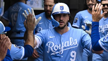 Jun 7, 2025; Chicago, Illinois, USA;  Kansas City Royals first baseman Vinnie Pasquantino (9) celebrates in the dugout after he homers during the second inning against the Chicago White Sox at Rate Field. Mandatory Credit: Matt Marton-Imagn Images