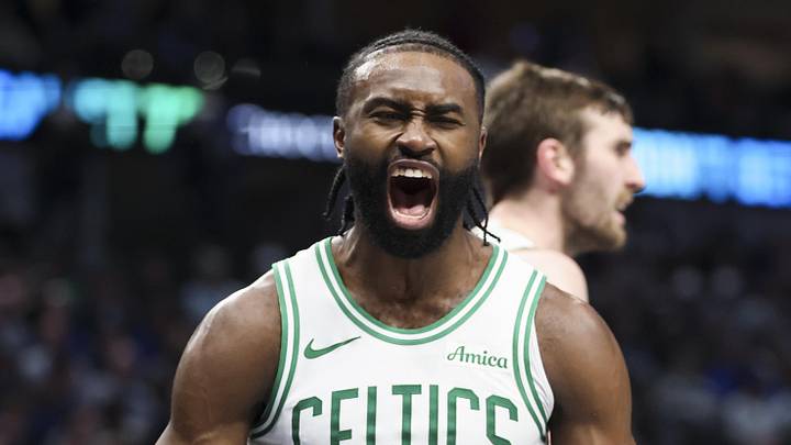 Jan 25, 2025; Dallas, Texas, USA;  Boston Celtics guard Jaylen Brown (7) celebrates during the second half against the Dallas Mavericks at American Airlines Center. Mandatory Credit: Kevin Jairaj-Imagn Images