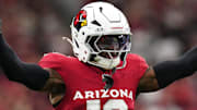 Arizona Cardinals cornerback Kei'Trel Clark (13) celebrates his pass deflection against the Carolina Panthers at State Farm Stadium on Sept 14, 2025.