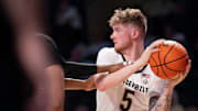 Vanderbilt Commodores guard Tyler Nickel (5) looks to pass against the Maryland-Eastern Shore Hawks during their game at Memorial Gym in Nashville, Tenn., Monday, Nov. 4, 2024.
