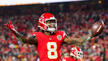 Dec 8, 2024; Kansas City, Missouri, USA; Kansas City Chiefs wide receiver DeAndre Hopkins (8) celebrates after scoring against the Los Angeles Chargers during the first half at GEHA Field at Arrowhead Stadium. Mandatory Credit: Denny Medley-Imagn Images