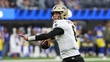 Nov 2, 2025; Inglewood, California, USA; New Orleans Saints quarterback Tyler Shough (6) stands in the pocket against the Los Angeles Rams during the second half at SoFi Stadium. Mandatory Credit: Kiyoshi Mio-Imagn Images