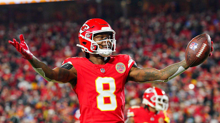 Dec 8, 2024; Kansas City, Missouri, USA; Kansas City Chiefs wide receiver DeAndre Hopkins (8) celebrates after scoring against the Los Angeles Chargers during the first half at GEHA Field at Arrowhead Stadium. Mandatory Credit: Denny Medley-Imagn Images