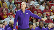 Feb 8, 2025; Ames, Iowa, USA; TCU Horned Frogs head coach Jamie Dixon watches his team play the Iowa State Cyclones during the first half at James H. Hilton Coliseum. Mandatory Credit: Reese Strickland-Imagn Images