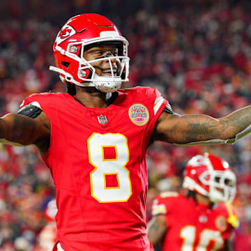 Dec 8, 2024; Kansas City, Missouri, USA; Kansas City Chiefs wide receiver DeAndre Hopkins (8) celebrates after scoring against the Los Angeles Chargers during the first half at GEHA Field at Arrowhead Stadium. Mandatory Credit: Denny Medley-Imagn Images