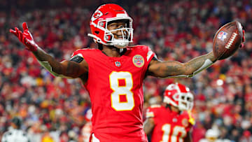 Dec 8, 2024; Kansas City, Missouri, USA; Kansas City Chiefs wide receiver DeAndre Hopkins (8) celebrates after scoring against the Los Angeles Chargers during the first half at GEHA Field at Arrowhead Stadium. Mandatory Credit: Denny Medley-Imagn Images